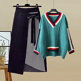 Set Áo Len Cổ Chữ V Dáng Rộng + Chân Váy Có Khóa Kéo Plus Size Thời Trang Mùa Thu Cho Nữ 2021