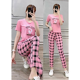 Đồ bộ nữ quần dài caro áo thiêu chữ chất liệu cotton 1841