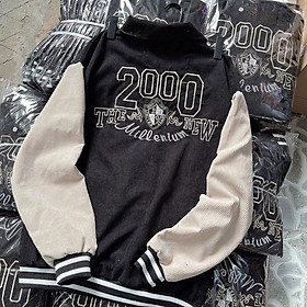 Áo Khoác Bomber Nhung Gân Tăm Thêu 2000 Jacket Varsity Unisex Form Rộng khoác nhug tăm 2 lớp phong cách Hàn Quốc
