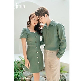 Set áo đôi sơ mi đầm xòe màu xanh dành cho couple phong cách Hàn Quốc
