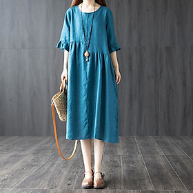 Đầm Linen suông nữ cổ tròn ngắn tay, váy suông nữ form rộng tay ống loe, chất Linen mềm cao cấp Đũi Việt