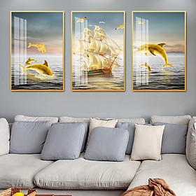 Tranh Vải Canvas Treo Tường - Tranh Bộ 3 Thuyền và Những Chú Cá Heo Đẹp