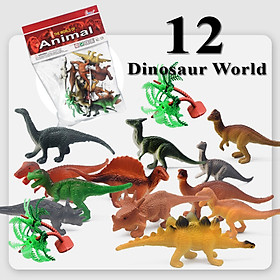 Bộ đồ chơi 12 mô hình khủng long mini Animal World 129 kèm cây trang trí (4x8 cm)