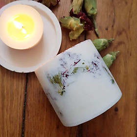 Mua Bộ 3 sản phẩm: Đế đỡ nến + nến thơm sáp đậu nành  hương hoa ngọc lan (ylang ylang) + tealight trang trí hoa cẩm chướng
