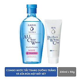 Combo Nước tẩy trang dưỡng trắng Senka All Clear Water Micellar Formula White 230ml + Sữa rửa mặt tạo bọt chiết xuất đất sét trắng Senka Perfect White Clay 50g
