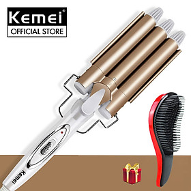 Máy uốn tóc 3 trục Kemei KM-1010 điều chỉnh 2 mức nhiệt độ chuyên dụng làm tóc xoăn gợn sóng, uốn tóc uốn sóng nước bồng bềnh tiện lợi Tặng kèm lược chải tóc rối massage ( Giao màu ngẫu nhiên )