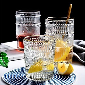 BỘ 6 CỐC THỦY TINH CHỊU NHIỆT CAO CẤP  UỐNG NƯỚC HOA VĂN TRỐNG ĐỒNG DẬP NỔI - ANTH674