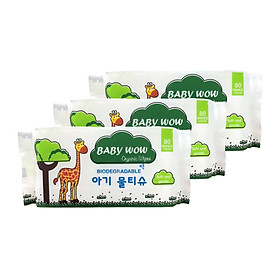 Combo 3 khăn ướt Organic 80 tờ không mùi Baby Wow 80 tờ x 3