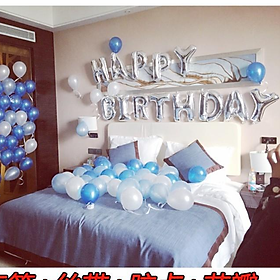 Chữ happy birthday + 50 vỏ bóng màu xanh dương nhũ và bạc
