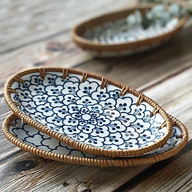 Mua Khay trang trí bằng mây  khay gốm sứ viền mây đựng đồ trang sức  bộ quà tặng nhà mới (Rattan Decorative Tray)