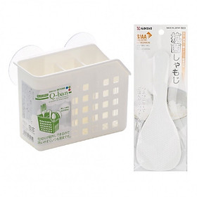 Combo 1 Ống cắm đũa thìa 2 ngăn có núm hít chân không + 1 Muôi xới cơm hàng nội địa Nhật Bản