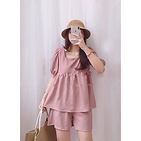 Set đồ nữ gồm áo babydoll rộng cộc tay cổ vuông và quần short dáng rộng cạp chun chất đũi dày đẹp không nhăn rộng rãi thoải mái freesize<55kg