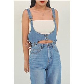 Set quần bò + Áo bò ngắn Y4 siêu hot, chất jeans Cao Cấp, quần jean ống đứng, Co Giãn - thương hiệu Samma Jeans - Áo yếm