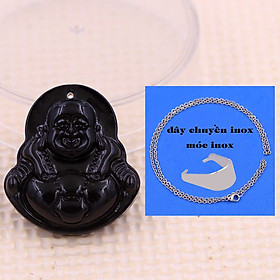 Mặt Phật Di lặc đá đen 4.3 cm kèm vòng cổ dây chuyền inox trắng + móc inox trắng, mặt dây chuyền Phật cười