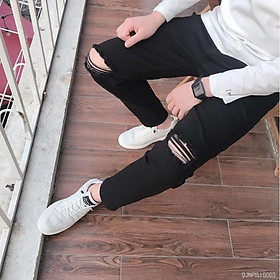 Quần jeans đen trơn rách gối phong cách hàn quốc, chất bò co giãn cao cấp, ống đứng dáng ôm skinny