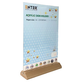 Kệ mica 2 mặt Enter E41-A 210x300mm đế gỗ A4 đứng vát chữ A, Kệ menu nhà hàng, Standee mica để bàn, Bảng quét mã QR Code