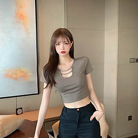 Áo croptop tay ngắn , Màu đen Màu trắng Cổ tròn dây xích cổ phong cách xinh xắn hàn quốc