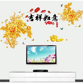 Mua Decal trtang trí tết - Hoa mẫu đơn Vàng đỏ rực rỡ kèm chữ