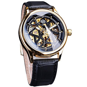 Đồng hồ đeo tay thời trang Forsining Hollow Skeleton Nam,dây đeo tay bằng da PU sang trọng-Màu Vàng