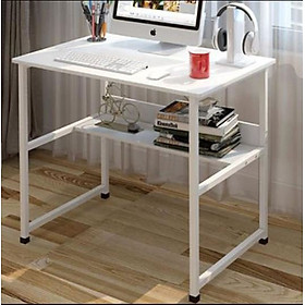 Mua Bàn làm việc chân sắt. Có kệ lửng. Chân trắng mặt trắng. 80x40 cm