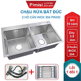 Chậu rửa bát inox 304 Pimisi đúc cao cấp 2 hố cân - kích thước 7843-8245 cm đầy đủ xi phông loại ống to - rỗ đựng đồ, dùng để rửa chén bát gắn được cả âm bàn đá | Hàng chính hãng