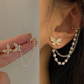 Hoa tai hình bươm bướm đính ngọc trai và kim cương nhân tạo phong cách Hàn Quốc