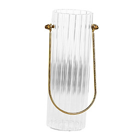 Clear Cylinder Glass Flower Vase with Metal Carry Handle Round Striped Lines