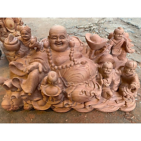 Tượng phật di lặc ngũ phúc bằng gỗ hương đá liền khối kt 60×27×27cm