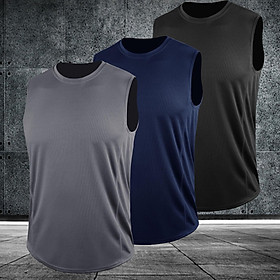 Set 3 cái áo thun ba lỗ dành cho nam tập gym, thể dục, chạy bộ, chất liệu nhanh khô, thấm hút mồ hôi-Màu Xám & Xanh đậ