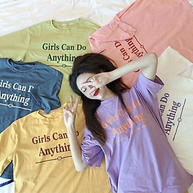 Áo thun tay ngắn cổ tròn in chữ màu trơn chất liệu cotton và polyester thời trang cho nữ