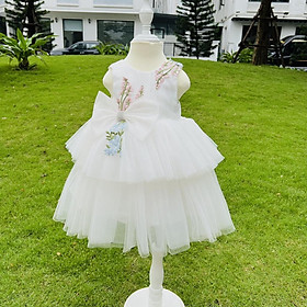 Váy công chúa, đầm công chúa thiết kế cho bé gái màu trắng xòe 2 tầng kết hợp đính hoa thủ công cho bé từ 1 đến 10 tuổi