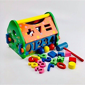 Đồ chơi nhà đập bóng thả số hình khối gỗ đa chức năng, đồ chơi lắp ghép ngôi nhà trí tuệ cho bé
