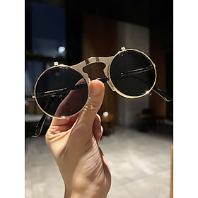 Kính râm clip on 2in1 Mắt tròn kim loại gọng vàng lò xo