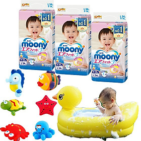 Combo 3 gói tã dán Moony cao cấp size NB90/S84/M64/XL44 tặng chậu tắm phao vịt vàng