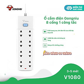 Ổ Cắm Điện Gongniu Đa Năng 8 Ổ 1 Công Tắc – Công Suất 10A/250/2500W – Trắng – Chính Hãng (V1080)