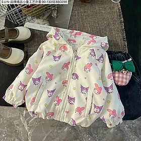 Áo khoác chống nắng có nón cho bé gái hình gấu dâu kuromi từ 10-18kg hàng nhập Quảng Châu cao cấp