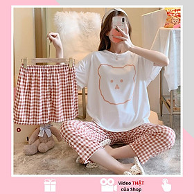 Bộ đồ ngủ, đồ ngủ nữ 3 chi tiết viền gấu hồng pijama thun sữa cotton hàng Quảng Châu siêu đẹp