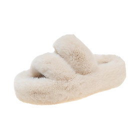 Women Fuzzy Slippers Plush House Shoes with Two Band Fashion Anti Slip Thick Sole Open Toe Slide Slippers Winter Slippers for Bedroom - 38