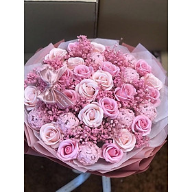 Mua Bó hoa hồng sáp mix chùm 10 bóng đèn ren siêu đẹp.