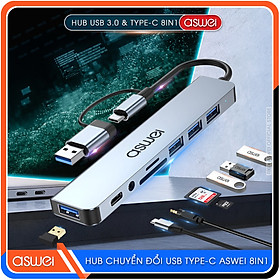 Hub Type C Và Hub USB ASWEI To HDMI, USB 3.0, PD, USB C, SD, TF, Lan RJ45, Audio 3.5mm - Hub Chuyển Đổi USB Type C 4 in 1, 5 in 1, 6 in 1, 7 in 1, 8 in 1 Tốc Độ Cao - Hàng Chính Hãng