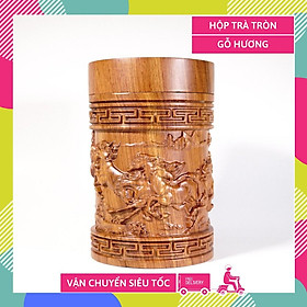 Hộp trà gỗ hương nguyên khối TRỤ TRÒN NHIỀU HOA VĂN điêu khắc biểu tượng sức khỏe tài lộc may mắn - Cao 18cm Rộng 11cm