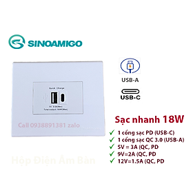 Sinoamigo P21-QC1: Ổ Cắm Sạc USB type  Âm Tường - Tích hợp 1 cổng USB type C, 1 cổng USb type A. Sạc nhanh 18W- Đa Năng và Tiện Lợi