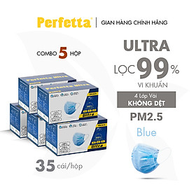 [Combo 5 HỘP - PERFETTA ULTRA] - Khẩu Trang Y Tế Chất Lượng Cao, Kháng Khuẩn, Chống Bụi Mịn PM 2.5, Màu Xanh, 4 Lớp, Bảo Vệ Tối Ưu, Đóng Gói Từng Cái - (35 cái/hộp)