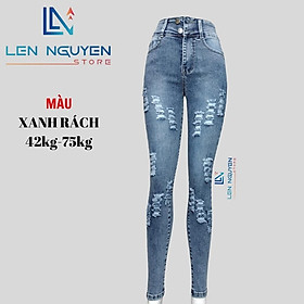 Quần jean nữ, dài, lưng cao, quần bò nữ dáng ôm, quần rin nữ có big size, cho 42kg đến 75kg, - Xanh Rách