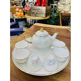 Mua Bộ uống trà ấm chén 7 Sắc Trắng Viền Vẽ Vàng kèm khay Gốm Sứ Giang Tây cao cấp quà tặng ý nghĩa