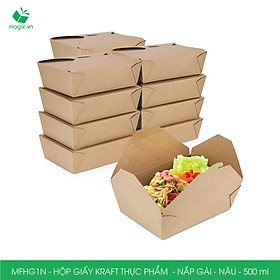 MFHG1N - 50 hộp giấy kraft thực phẩm 500ml, hộp giấy nắp gập màu nâu đựng thức ăn, hộp giấy nắp gài gói đồ ăn mang đi 
