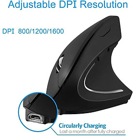 Chuột dọc không dây, chuột công thái học USB có thể sạc lại 2.4GHz, 3 cấp độ DPI có thể điều chỉnh 800/1600/2400, 6 nút, cho bên phải -hander