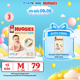 Tã/bỉm dán sơ sinh Huggies Skin Perfect M 76+3 miếng với 2 vùng thấm giảm kích ứng da