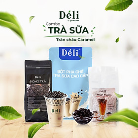 Bôt pha trà sữa Déli 1kg+ Hồng trà Déli 500gr+ Trân châu caramel Déli 1kg [COMBO nguyên liệu pha chế trên 40ly trà sữa trân châu] HSD: 12 tháng