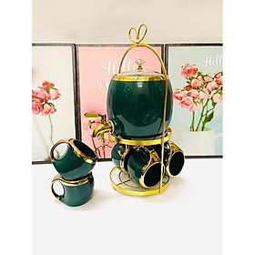 Mua Bộ đựng nước uống  tiệc trà trái cây sứ cao cấp  khung loại mạ vàng kèm 6 cốc sang trọng  xanh cổ vịt